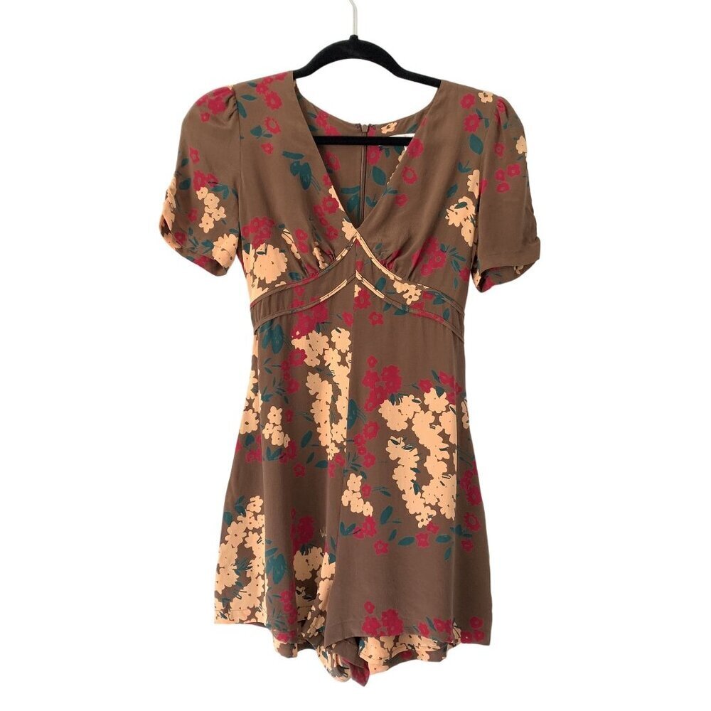 Walter Size 2 Silk Floral Brown Romper Short Sleeve V-Neck Tie Back